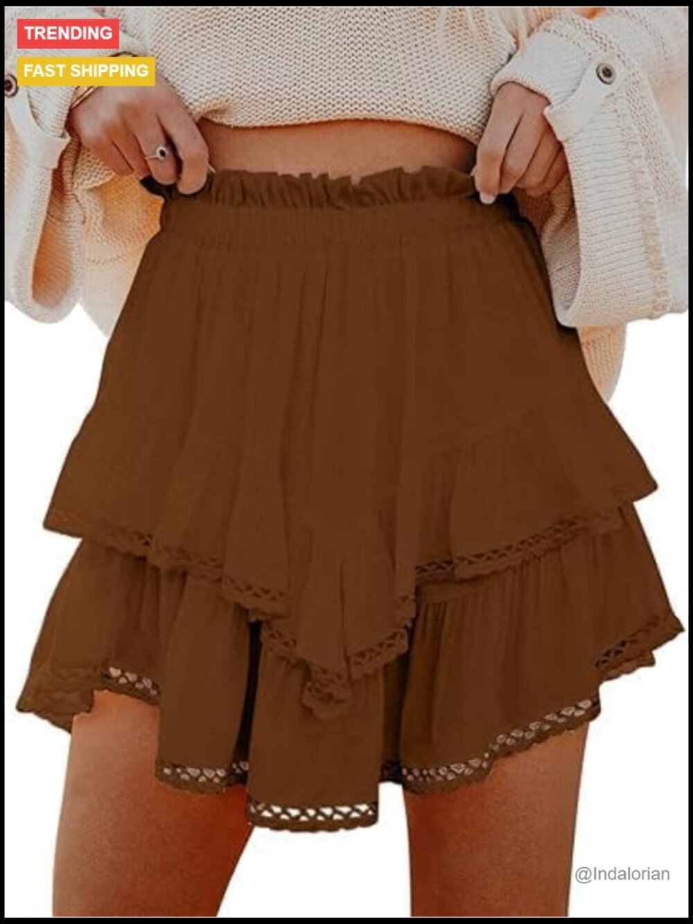 Flowy Ruffle Tiered Skort with Built-in Shorts, Crochet Hem, High Waist, Golf